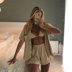 Frankie’s Bikinis Terrycloth Coco High‎ Rise Shorts- Beige Sand- Sz M